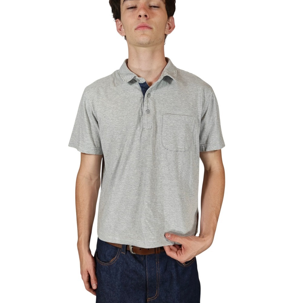 Goodthreads Mens Grey Striped Soft Cotton Polo Shirt Cropped Hem Size L